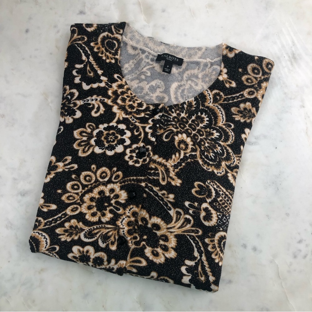 Talbots Petites Sweater Sparkly Black and Gold.